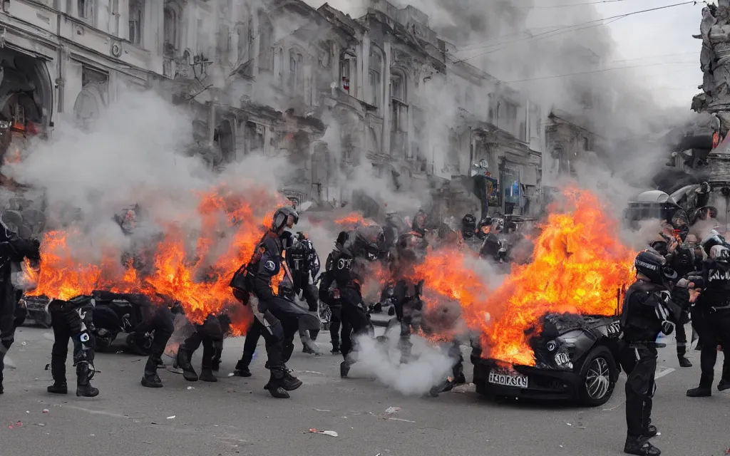 Prompt: an austrian police car burning with people dancing in a ritual around it