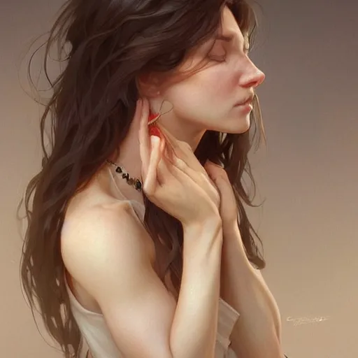 Image similar to a beautiful crying woman, highly detailed, digital painting, artstation, concept art, smooth, sharp, focus, illustration, art by artgerm and greg rutkowski and alphonse mucha