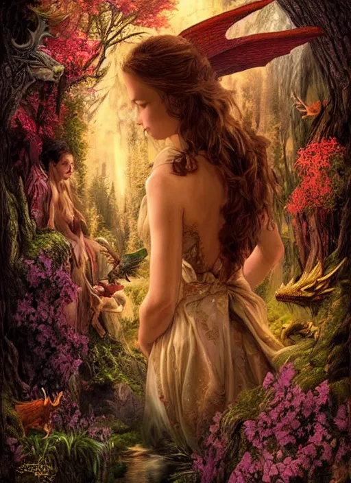 Prompt: movie poster, fantasy, kingdom in the woods, dragons, profile of a beautiful woman, fairies, magical, enchanting, nostalgic, by john alvin,