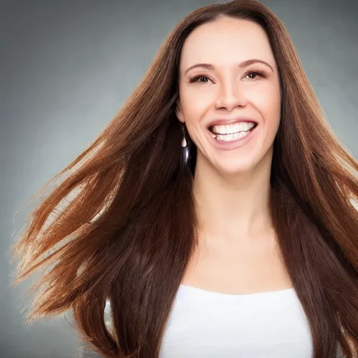 Image similar to a beautiful studio photo portrait of a long straight - haired brunette woman, happy and smiling