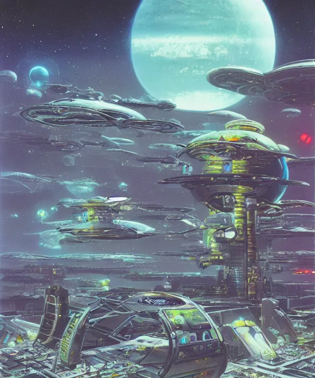 Prompt: a futuristic space colony, large bubble archaeologies, highly detailed, sci-fi, high-tech, neon lights, alien technology, vincent di fate, chris moore, chris foss