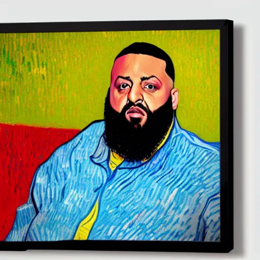 Prompt: ultra realistic portrait of dj khaled in a studio, ultra detailed, under blue, red and yellow cinematic lighting, by van gogh, cartoon, monument valley, escher