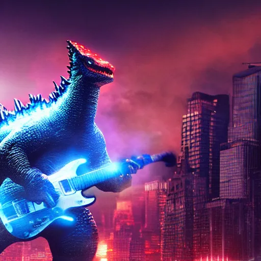 Prompt: a high quality photo of Godzilla playing electric guitar, backdrop New York city, render, ultra realistic, cgsociety