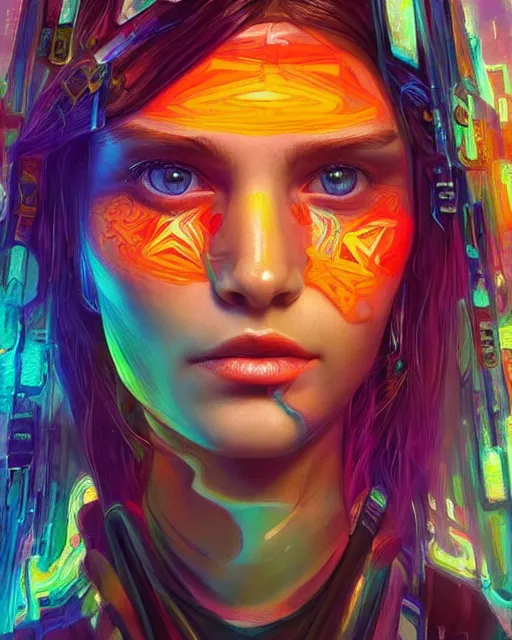 Prompt: colorful portrait of a brunette hippie, but set in the future 2 1 5 0 | highly detailed | very intricate | symmetrical | professional model | cinematic lighting | award - winning | painted by mandy jurgens | pan futurism, dystopian, bold psychedelic colors, cyberpunk, anime aesthestic | featured on artstation