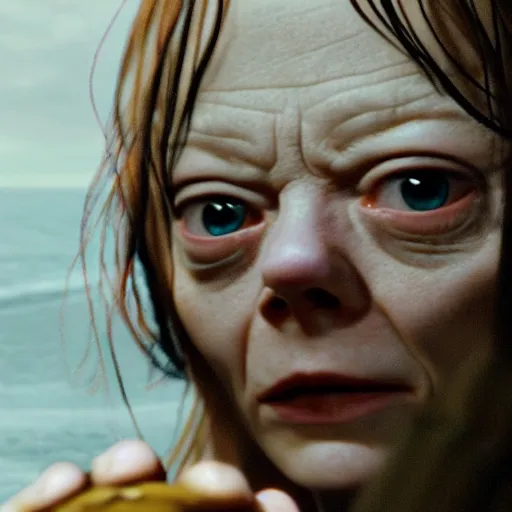 Image similar to emma stone gollum holding the one ring, emma stone is smeagol, looking at the golden ring from lotr, the one ring to rule them all, 8k detail, hyper realistic, cinematic camera