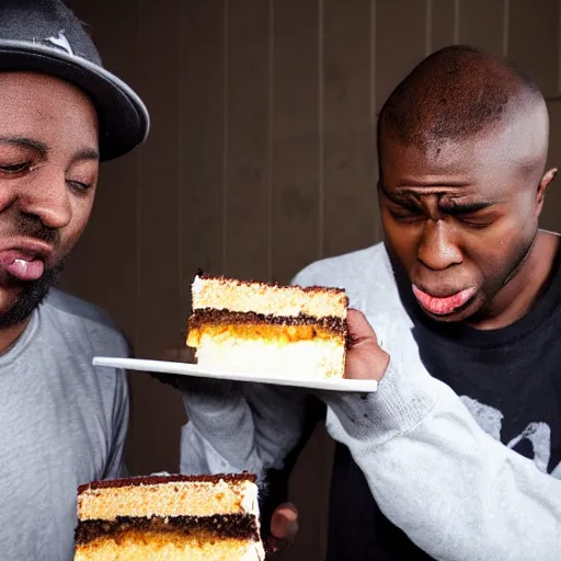 Image similar to angry black guy wearing ski mask throws slice of cake on a man's face