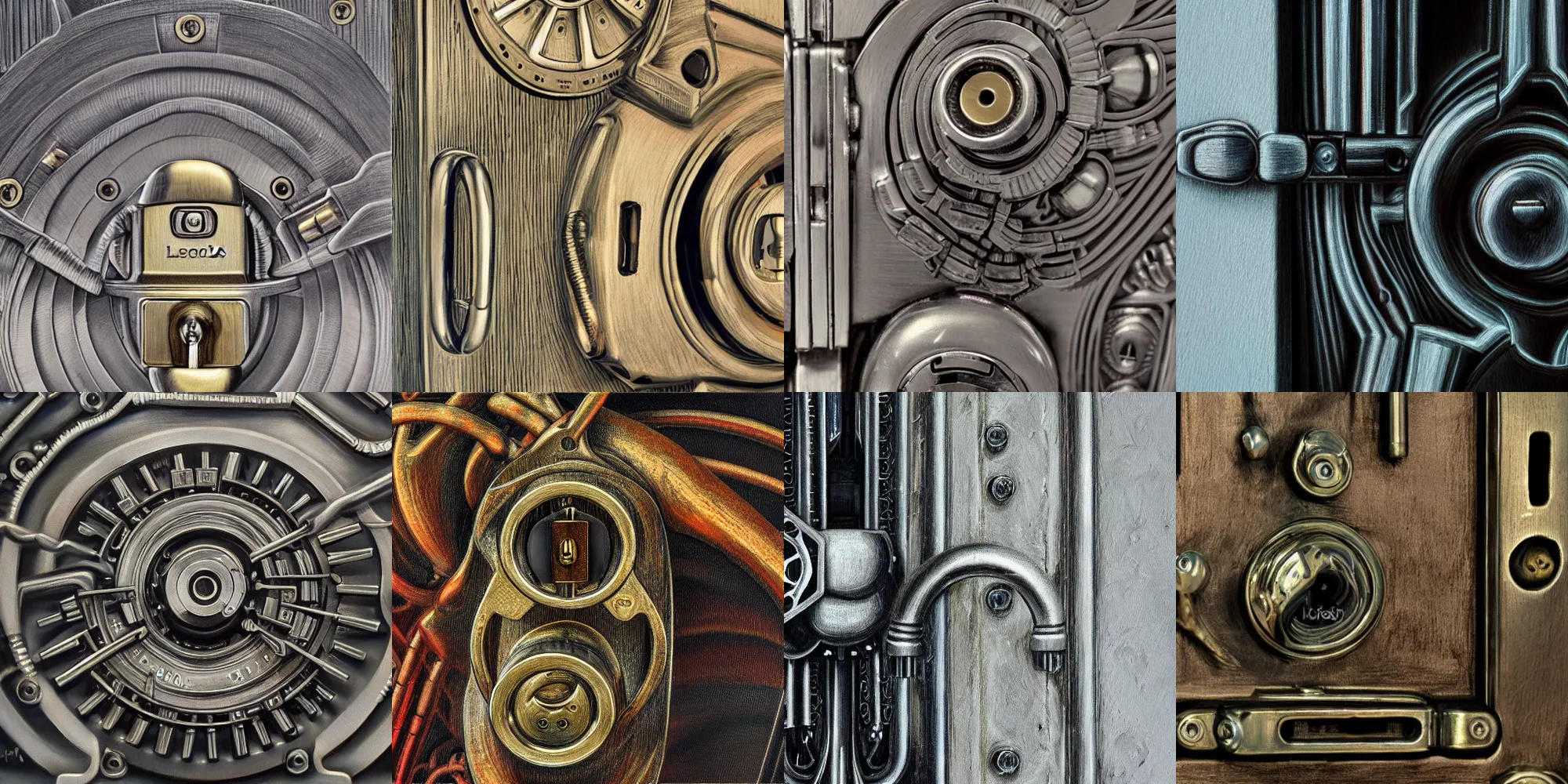 Image similar to closeup of Mechanical Lock, HD, award winning, in style of giger, biomechanics, biomechanical, film grain, medium format, 8k resolution, oil on canvas