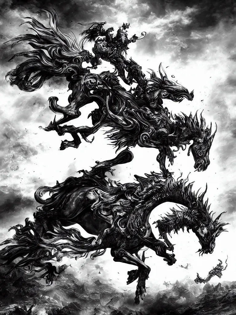 Prompt: black and white detailled illustration of death riding a pale horse over a wasteland in the style of yoshitaka amano