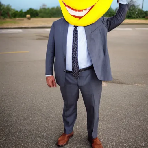 Image similar to a person with a banana head wearing a business suit