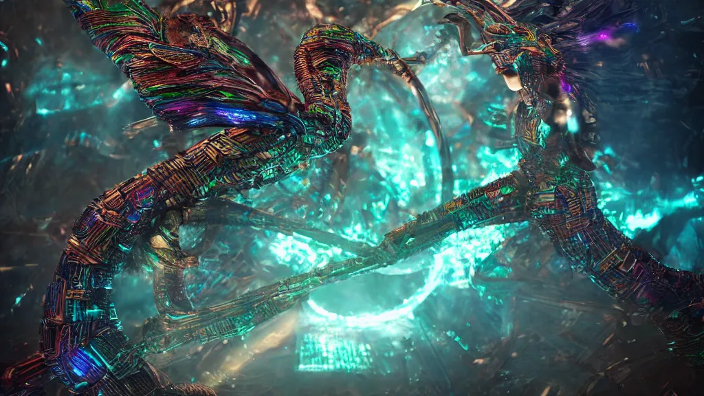 Image similar to photo of quetzalcoatl iridescent humanoid deity fighting against the machines, fantasy cinematic lighting, photorealistic, octane render 8 k depth of field 3 d