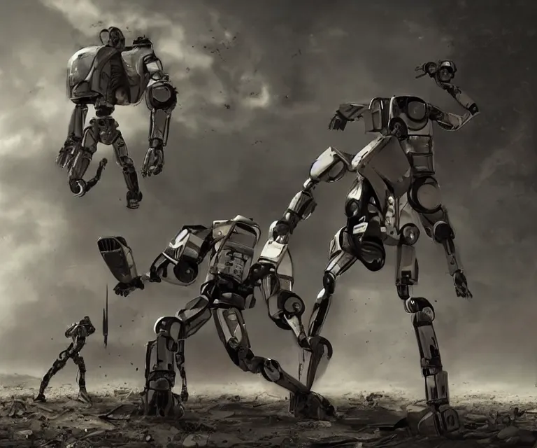 Image similar to humanlike androids fighting robots, post - apocalyptic world, dark landscapes, dreary, photorealistic