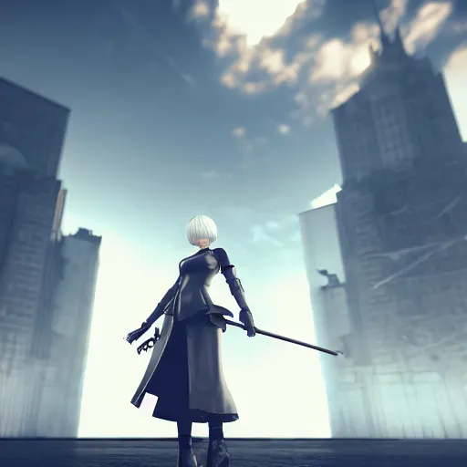 Image similar to 2 b nier automata standing in front of a tall building holding a gun, 3 d render, unreal engine, octane render, ray tracing, unity, highly detailed, high quality, hd, 4 k, 8 k, realistic, sharp, trending