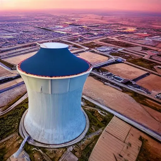 Image similar to photo of an upsidedown nuclear power plant at night birds eye view inception cinematic