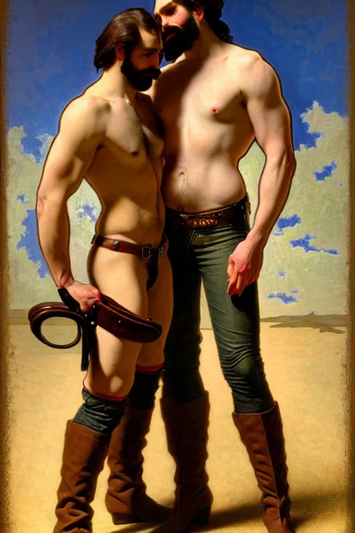 Prompt: a homoerotic painting by tom of finland, edward bierstadt, alphonse mucha, j. c. leyendecker of two attractive hairy cowboy gunslingers in love standing back to back | bandoliers, shirtless, leather clothing | natural lighting, path traced, highly detailed, high quality, digital painting, trending on artstation