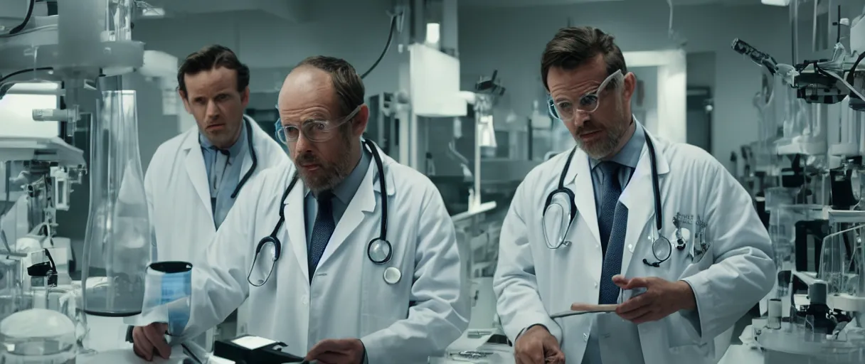 Image similar to filmic dutch angle movie still 4 k uhd 3 5 mm film color photograph of a shocked but intrigued doctor looking down at a dangerous re - animated specimen in a lab