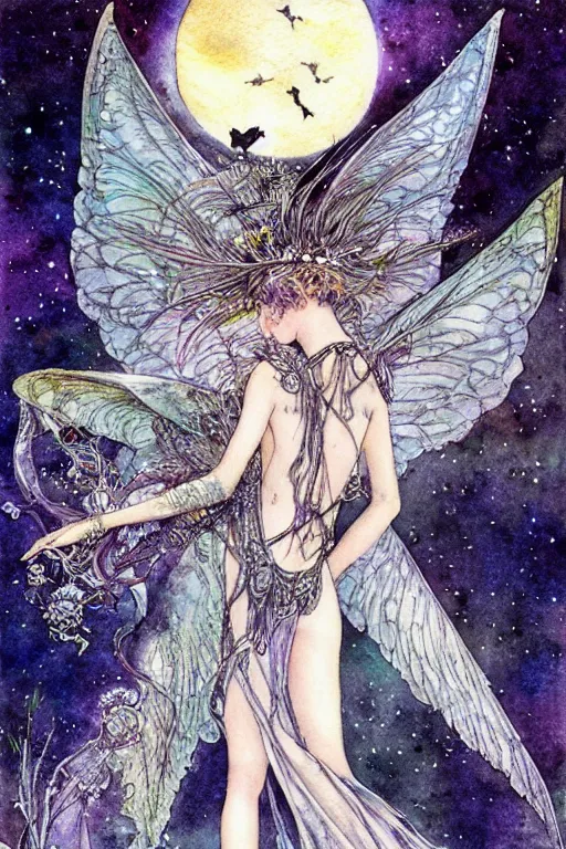 Image similar to fairy princess with a bat wing crown, night sky background, art by luis royo and walter crane and kay nielsen, watercolor illustration,