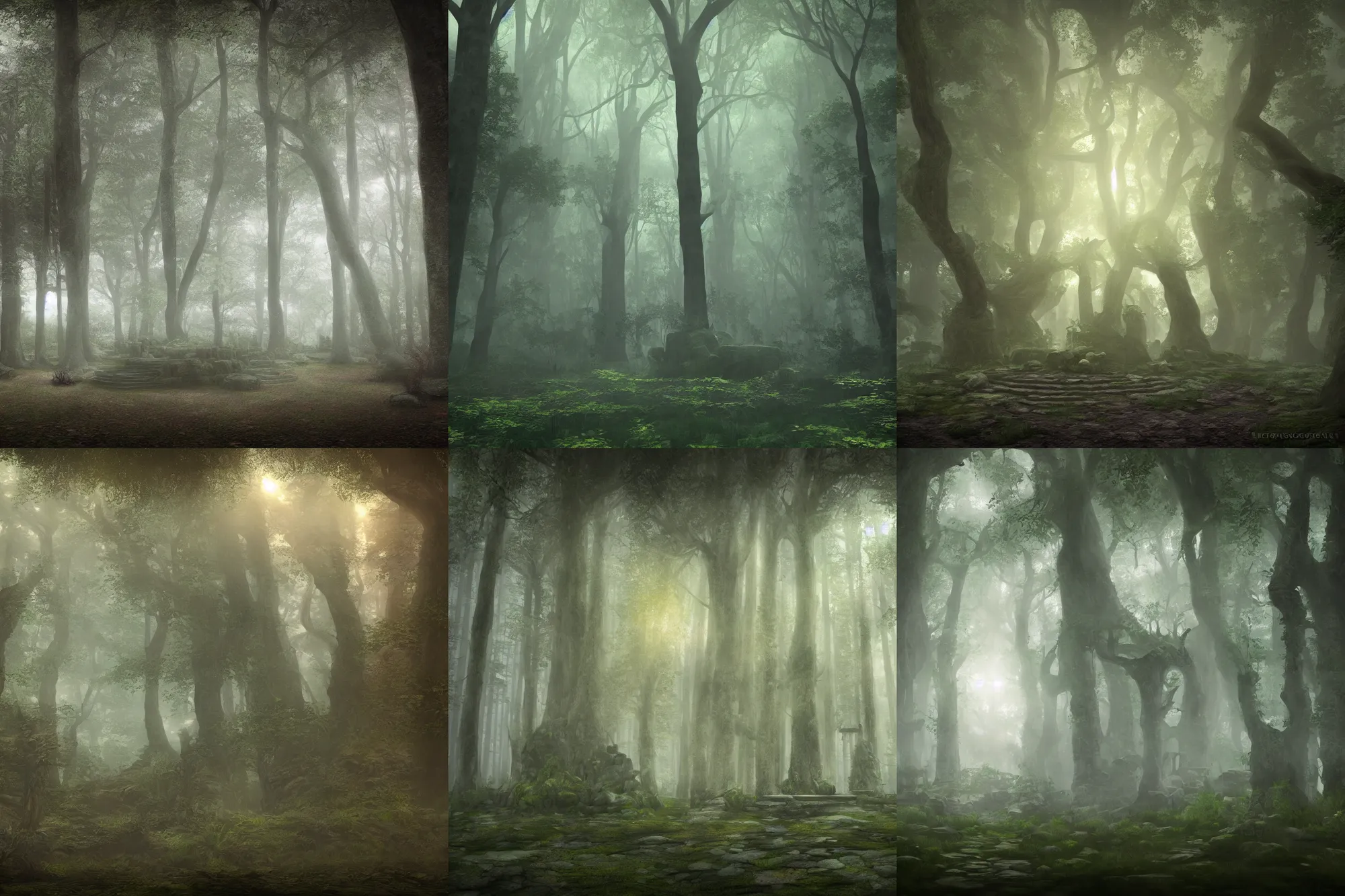 Prompt: interior shot of a beautiful druid's temple in a forest, light fog, dusk, digital art, 4k