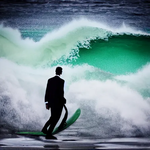 Prompt: man in black suit surfs carpet which looks like ocean wave in nazare, furniture around, business surrounding, dslr, insane details, hyper reallistic, 8 k, clear face and eyes, ultra clear detail, hdr, textured, award winning, professional photography