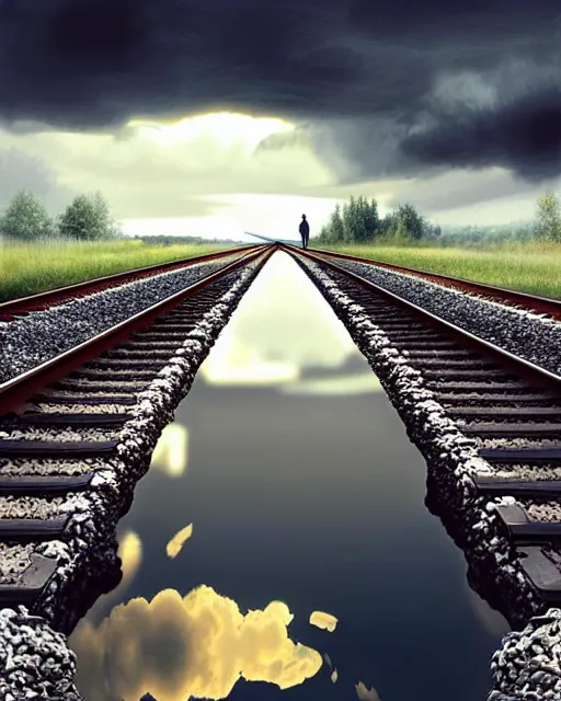 Prompt: shallow reflective water completely covers submerged train tracks as a girl walks along carrying her shoes, there is a train station in the distance and large white clouds on a wide horizon, intricate, elegant, highly detailed, digital photo, artstation, concept art, smooth, sharp focus, illustration, art by artgerm and greg rutkowski and fra angelico