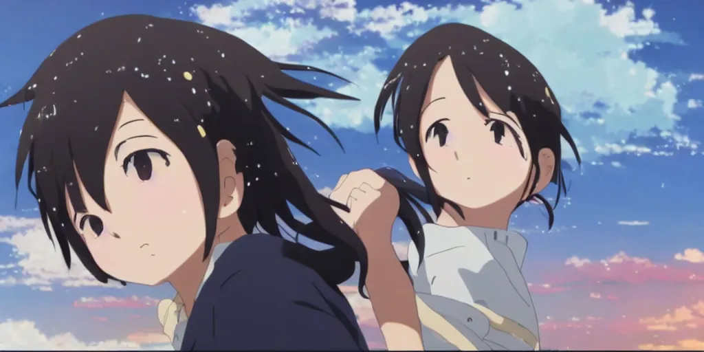 Prompt: a stunning frame from the anime kimi no na wa your name, stunning girl with tears in her eyes runs and wants to hug you.