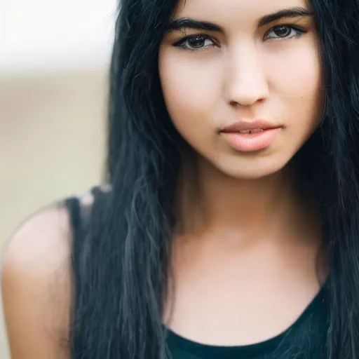 Image similar to young woman with long messy black hair, slightly smiling, 1 3 5 mm nikon portrait