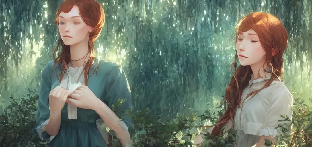 Image similar to a beautiful southern woman named Savannah, innocent, somber turquoise eyes, freckles, long ginger hair tied with white ribbon, sad under a wisteria plant, gentle lighting, storm in the distance, simple dress, digital art by Makoto Shinkai ilya kuvshinov and Wojtek Fus, digital art, concept art,