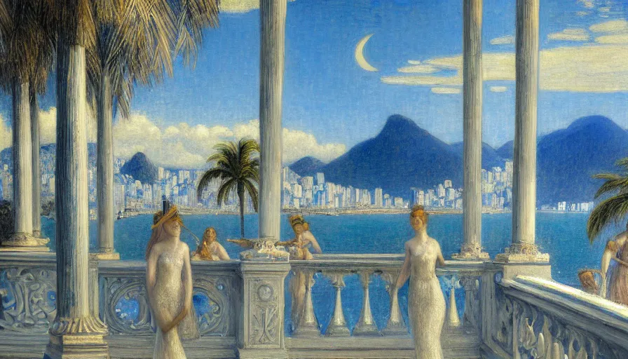 Prompt: a ultradetailed beautiful painting of the night sky of the rio de janeiro palace balustrade designed by jules bastien - lepage, tarsila do amaral, frank weston and gustave baumann, beach, trending on artstation, mediterranean, palm trees, sharp focus, giant greek columns, soft light, 8 k 4 k