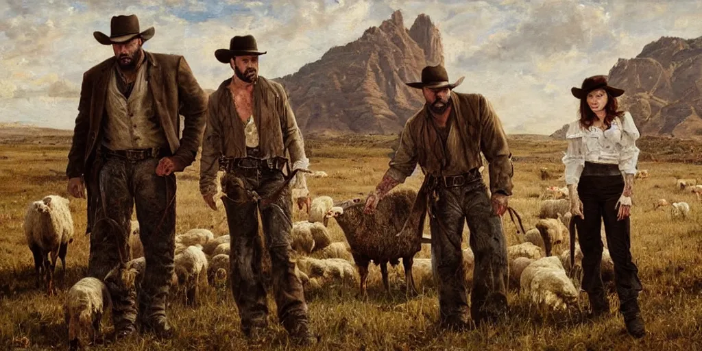 Image similar to oil painting of Dave Bautista and Mila Jovovich in the old west examining dead sheep on their ranch