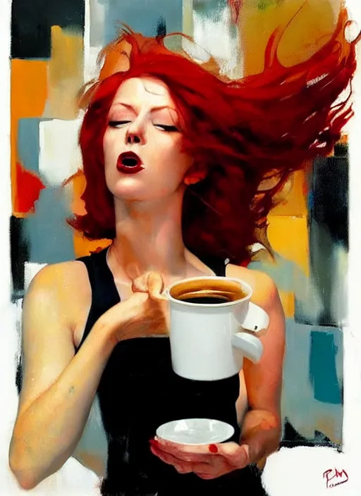 Prompt: red haired woman holding coffee, septum piercing, spilling liquid, enraged, painting by phil hale, 'action lines'!!!, graphic style, visible brushstrokes, motion blur, blurry