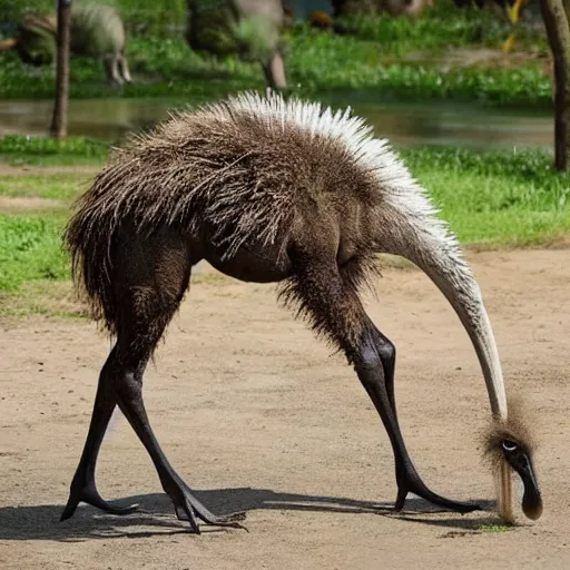 Image similar to bipedal ostrich and crocodile hybrid animal, real photo, taken in zoo