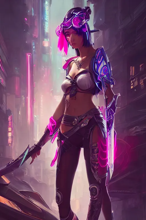 Image similar to fiora from league of legends, cyberpunk futuristic neon. long sword in her hand, decorated with traditional japanese ornaments by ismail inceoglu dragan bibin hans thoma greg rutkowski alexandros pyromallis nekro rene maritte illustrated, perfect face, fine details, realistic shaded, fine - face, pretty face, masterpiece