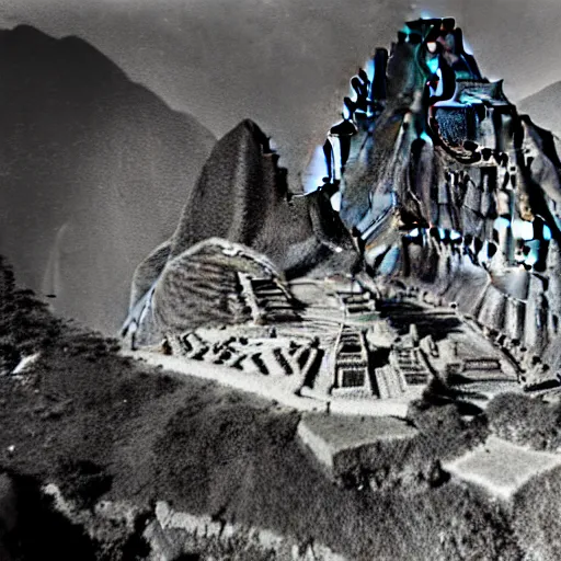 Image similar to ufo landing in machu picchu, photo 1 9 5 0,