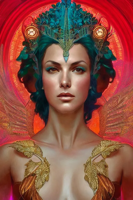 Image similar to monica belucci as the goddess hera, paper dress, volumetric lights, red and cyan theme, art nouveau botanicals, intricate, highly detailed, digital painting, artstation, concept art, smooth, sharp focus, symmetric face, illustration, art by artgerm and greg rutkowski and alphonse mucha