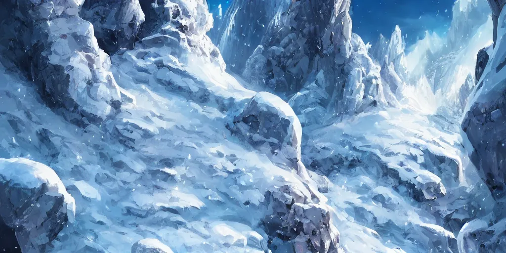 Prompt: an ice dragon resting on a beautiful snow-covered mountain, rocky overhangs, ice formations, fantasy digital painting by Andreas Rocha
