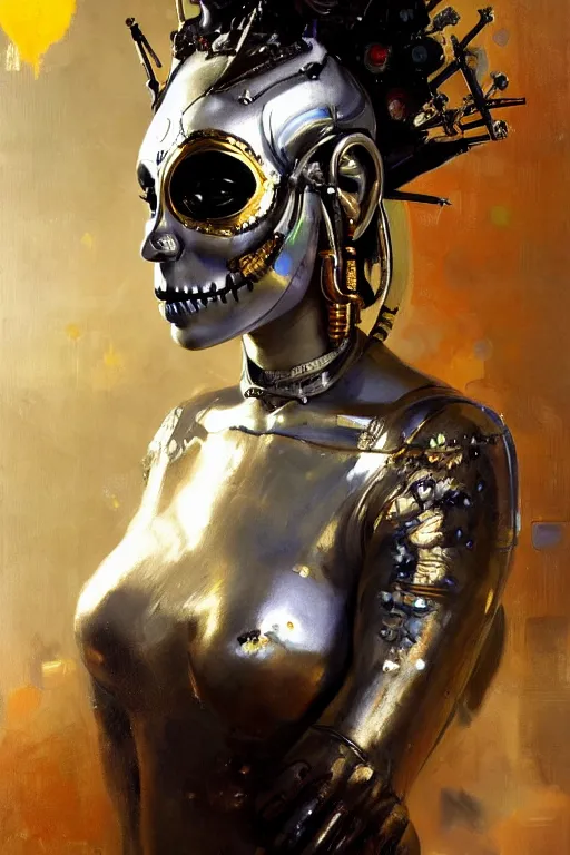 Image similar to beautiful expressive oil painting portrait of futuristic god queen, silver exoskeleton, with a gold sugar skull mask, cyberpunk, alien semiotic symbols, art by anders zorn, wonderful masterpiece by greg rutkowski, beautiful cinematic light, american romanticism by greg manchess, jessica rossier