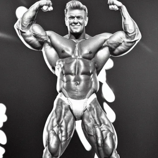 Prompt: an extremely muscular GigaChad Donald Trump flexing on stage during Mr. Universe, bright lights, highly detailed