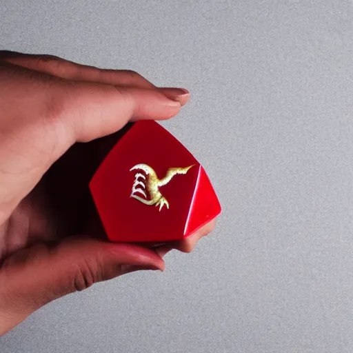 Image similar to a red dragon holding a red icosahedron die, white background