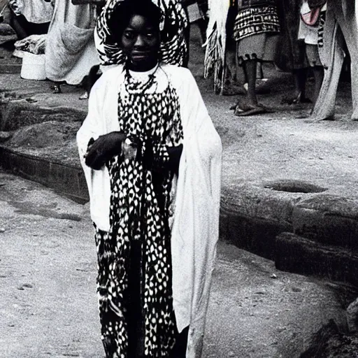 Prompt: “ african shrine maiden. photograph, 1 9 8 0 s. in the background is a city out of focus ”