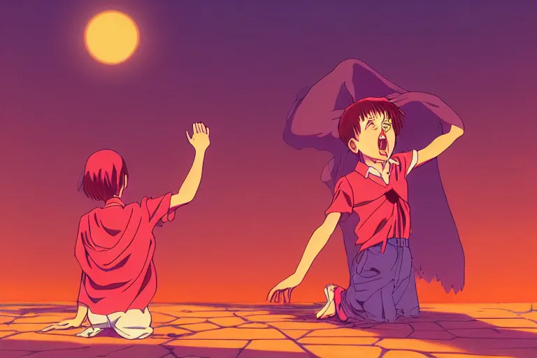 Image similar to digital illustration of a horrified child performing a ritual to summon a powerful demon, clean lines, extreme detail, cel - shaded anime key visual in the style of moebius, ayami kojima, 9 0's anime, retro fantasy, studio ghibli, studio trigger