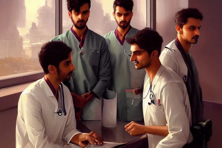 Image similar to Anxious good looking pale young Indian doctors wearing scrubs and shirts at the airport, portrait, elegant, intricate, digital painting, artstation, concept art, smooth, sharp focus, illustration, art by artgerm and greg rutkowski and alphonse mucha