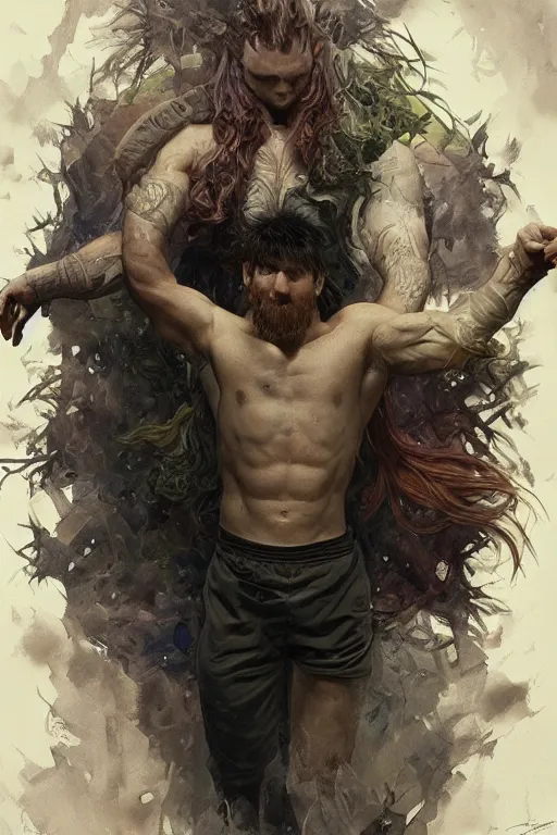 Image similar to portrait of lionel messi as a hulking herculean demon, forest, godlike, full body, fantasy, intricate, elegant, highly detailed, digital painting, artstation, concept art, sharp focus, illustration, art by artgerm and greg rutkowski and alphonse mucha