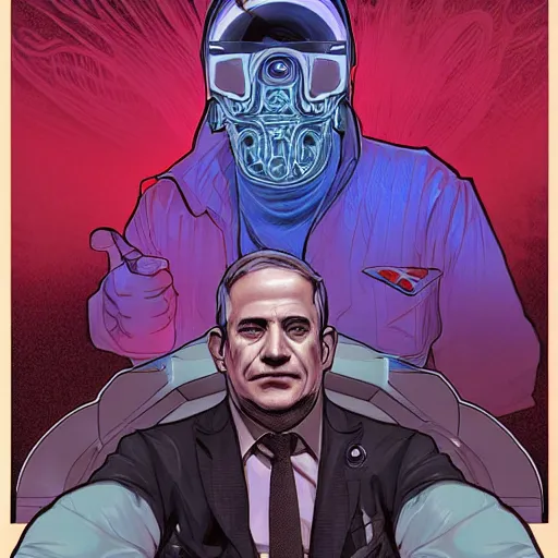 Image similar to cyberpunk portrait of benjamin netanyahu as a cyborg, by clint cearley and ashley wood and alphonse mucha