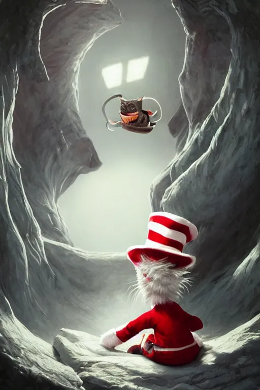 Image similar to complex 3 d render, hyper detailed, ultra sharp, of the cat in the hat, scary, cinematic, natural soft light, rim light, art by greg rutkowski and artgerm and caravaggio, dr seuss