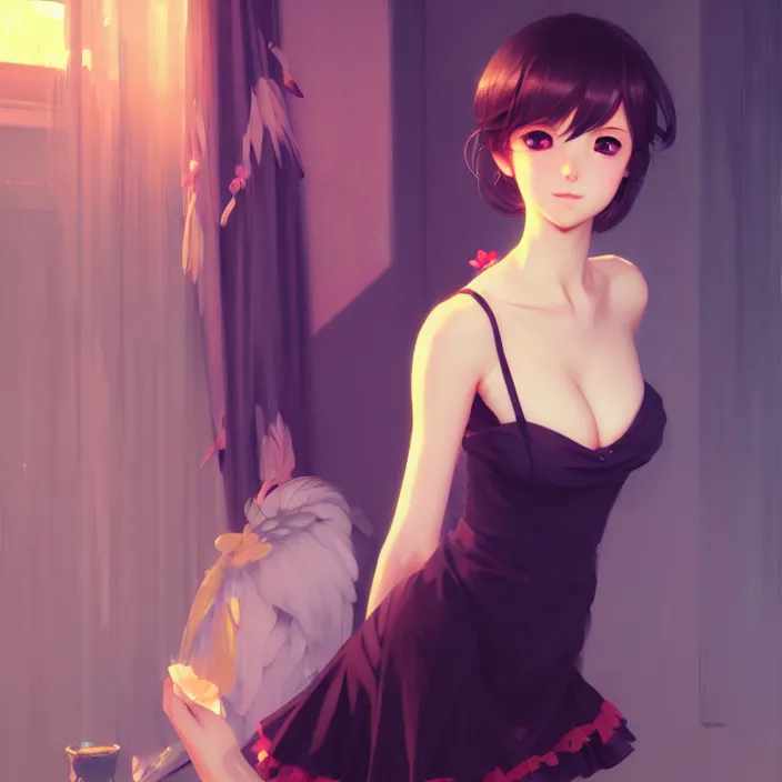 Image similar to a potrait of anime girl, my dress up darling anime, fine details, night setting, realistic shaded lighting poster by ilya kuvshinov, katsuhiro, artgerm, jeremy lipkin, michael garmash, nixeu, unreal engine 5, radiant light, detailed and intricate environment