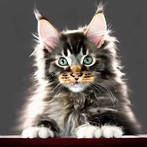 Image similar to eye - level view, a super cute maine coon kitten ate my homework and got smart, hilarious, funny, back to school comedy, digital art, animation, imax 7 0 mm, hdr