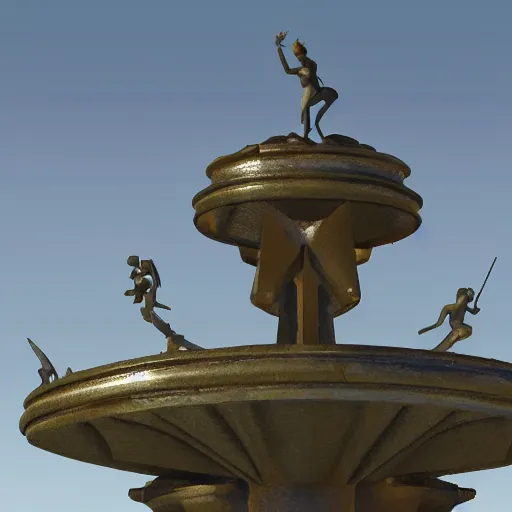 Prompt: craig mullins ullustration of an art deco sculpture of the sun on top of a fountain