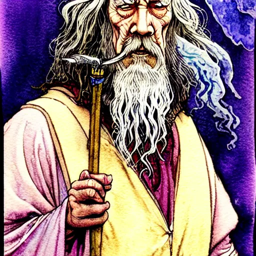 Image similar to a realistic and atmospheric watercolour fantasy character concept art portrait of gandalf with pink eyes looking happy and confused and smoking weed out of his pipe with a pot leaf nearby, by rebecca guay, michael kaluta, charles vess and jean moebius giraud