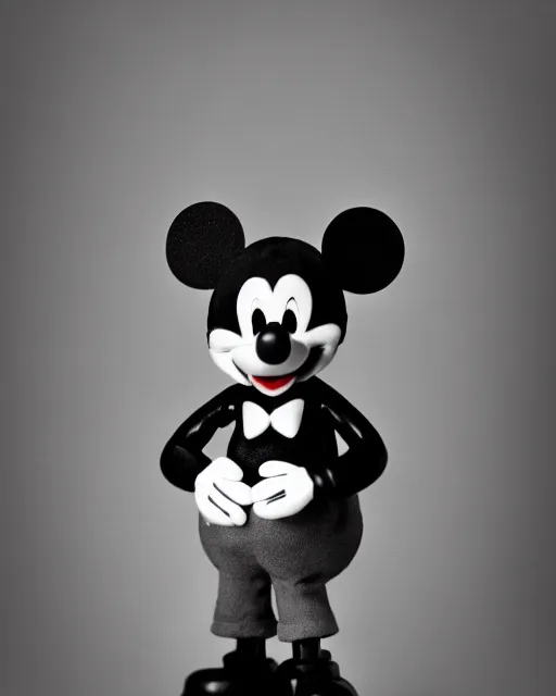 Prompt: A black-and-white studio portrait of a happy-looking Mickey Mouse in the style of a happy cartoon movie; bokeh, 90mm, f/1.4