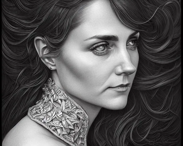 Image similar to photography of laurie lipton, deep focus, d & d, fantasy, intricate, elegant, highly detailed, digital painting, artstation, concept art, matte, sharp focus, illustration, kate middleton, art by artgerm and greg rutkowski and alphonse mucha