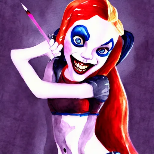 Prompt: harley quinn as an adorable vampire fairy, 8 k resolution watercolor pencil drawing, cinematic lighting, deviantart artstation